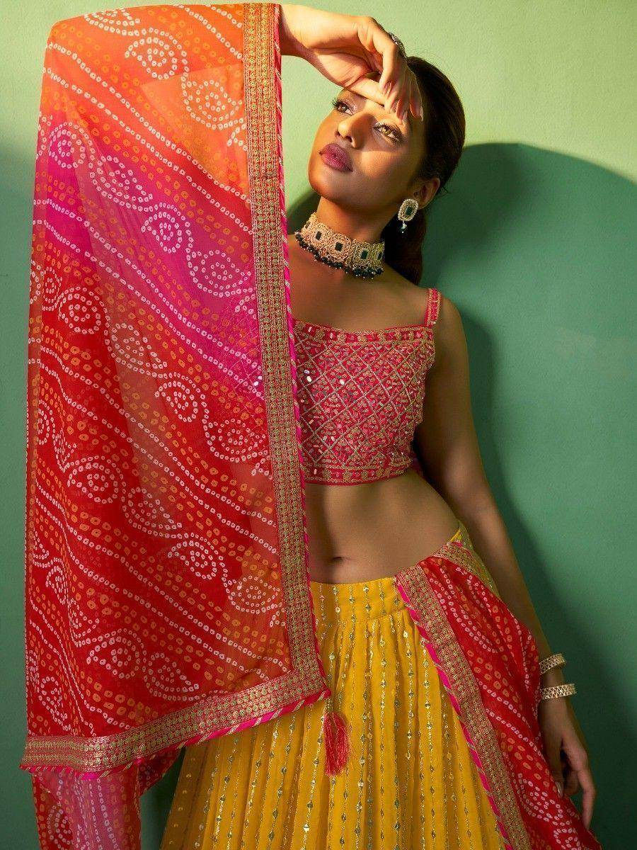 Thumbnail: Alluring Yellow Sequins Georgette Haldi Wear Lehenga Choli With Dupatta