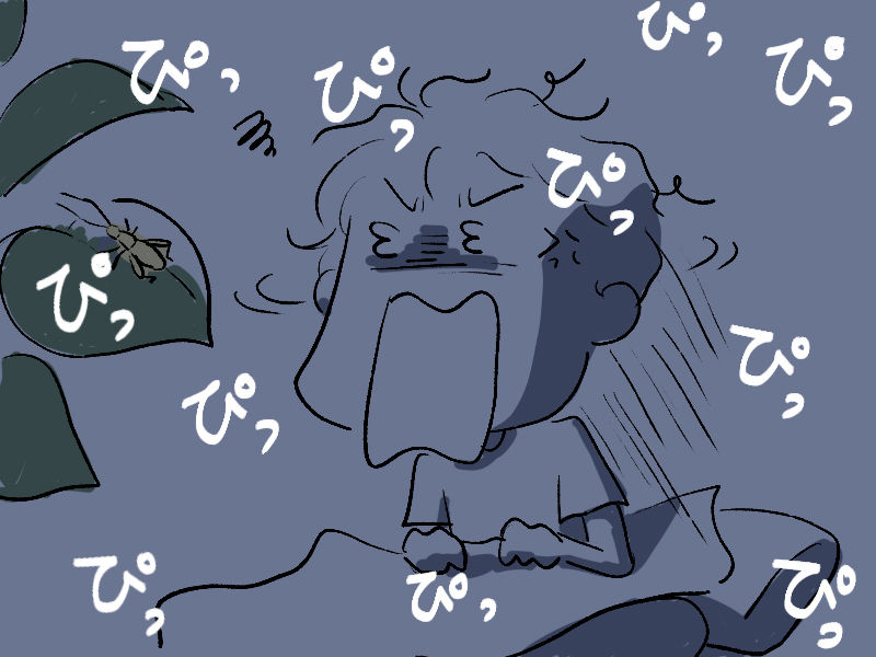 寝ていたら部屋の中に秋の虫がいて、その鳴き声で起こされるイラスト