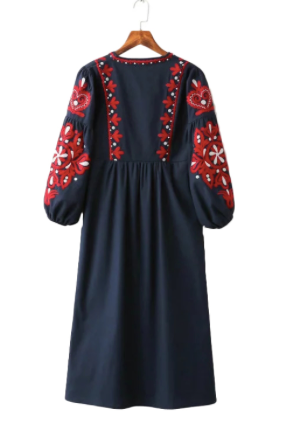 Miniatura: Mujeres vintage floral bordado vvestido lazo borlas manga larga faldas fiesta