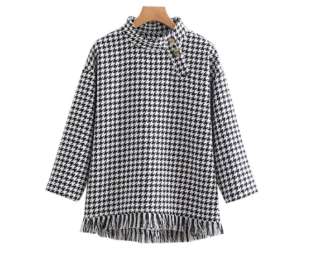 Mujeres elegante plaid blusas sueltas Houndstooth patchwork borla botones