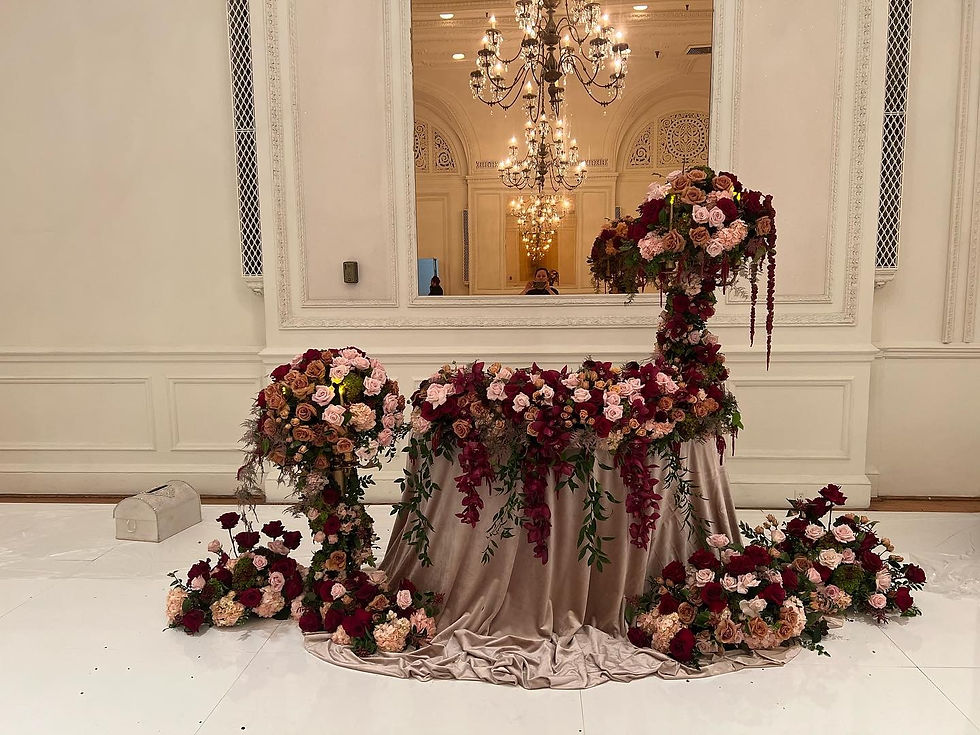 Pink and Moody Burgandy reception table - Glendale, CA