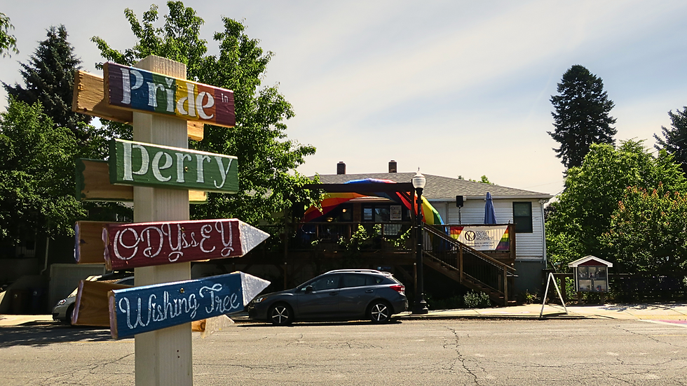 The Pride In Perry street sign points to Odyssey during Pride In Perry 2024.