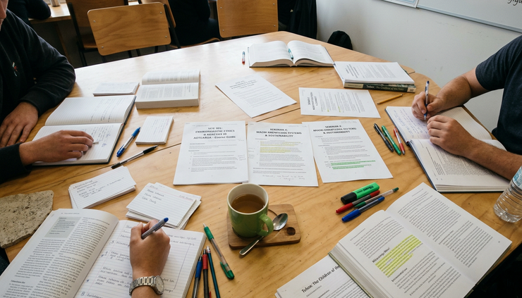 Overhead view of a seminar table with printed course guidelines, coloured pens, and opened books arranged for discussion.