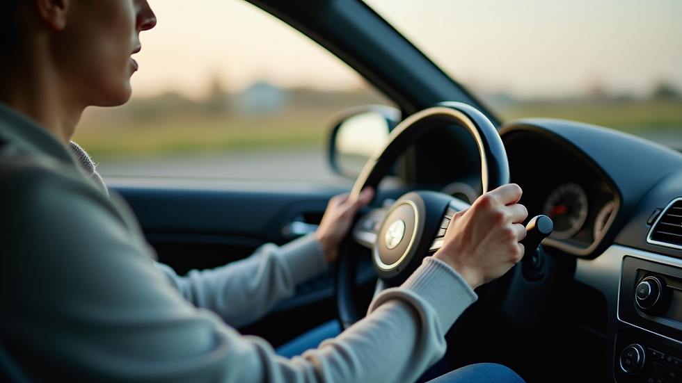 Close-up view of a learner driver gripping the steering wheel during a lesson