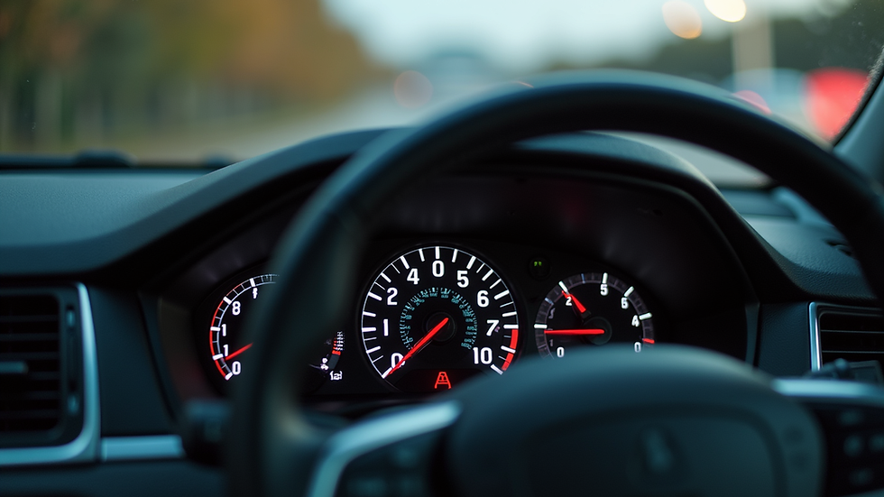 Eye-level view of a car dashboard showing speedometer and steering wheel