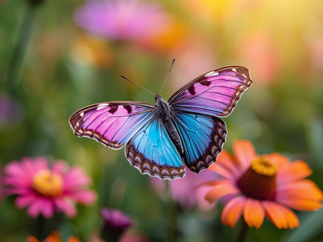 Pink and blue butterfly in a field of flowers.