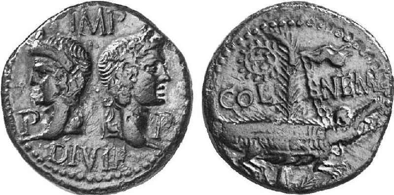 Agrippa und Augustus, Nemausus (Nimes). Dupondius, ca. 10 - 14. Quelle: Numismatik Lanz, Auktion 94, 22.11.1999, Nr. 142.