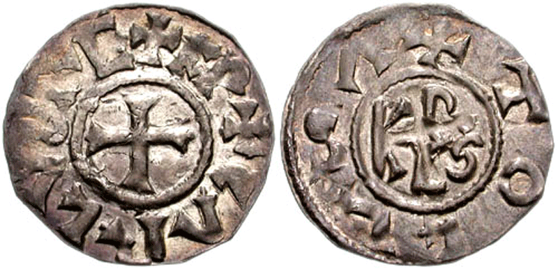 Denar Karls des Großen, Toulouse; Quelle: Wikimedia Commons, Urheber: Classical Numismatic Group, Inc. http://www.cngcoins.com