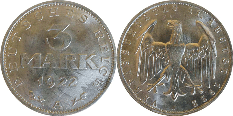 3 Mark 1922, auf die Verfassung, J. 303; Quelle: www.emuenzen.de