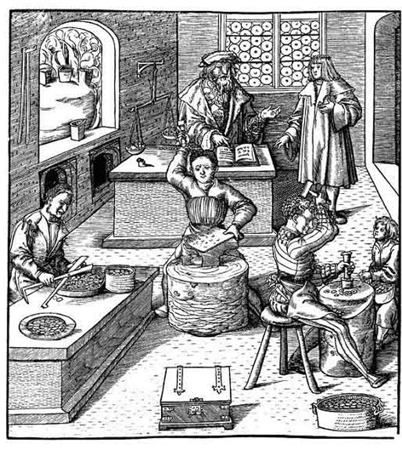 Der spätere Kaiser Maximilian I. besucht eine Münzstätte; rechts die Hammerprägung durch den „Setzmeister“. Quelle: Wikipedia.