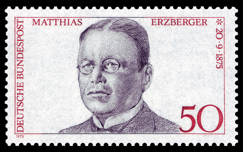 Gedenkmarke der Deutschen Bundespost zum 100. Geburtstag Erzbergers im Jahr 1975. Quelle: Konrad-Adenauer-Stiftung.