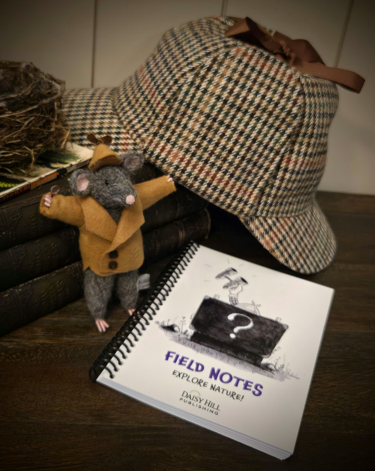 Front cover of notebook, surrounded by Flint, books, and a detective hat.