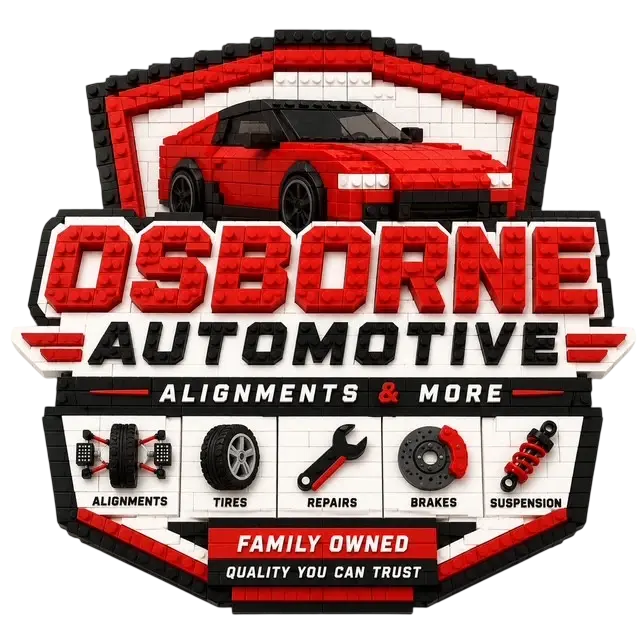 Lego-style illustration of the Osborne Automotive logo. It features a red car and icons for alignments, tires, repairs, brakes, and suspension, with a family-owned message.
