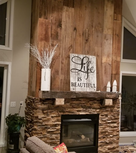 Brown Board Reclaimed Wood on Fireplace Feature Wall