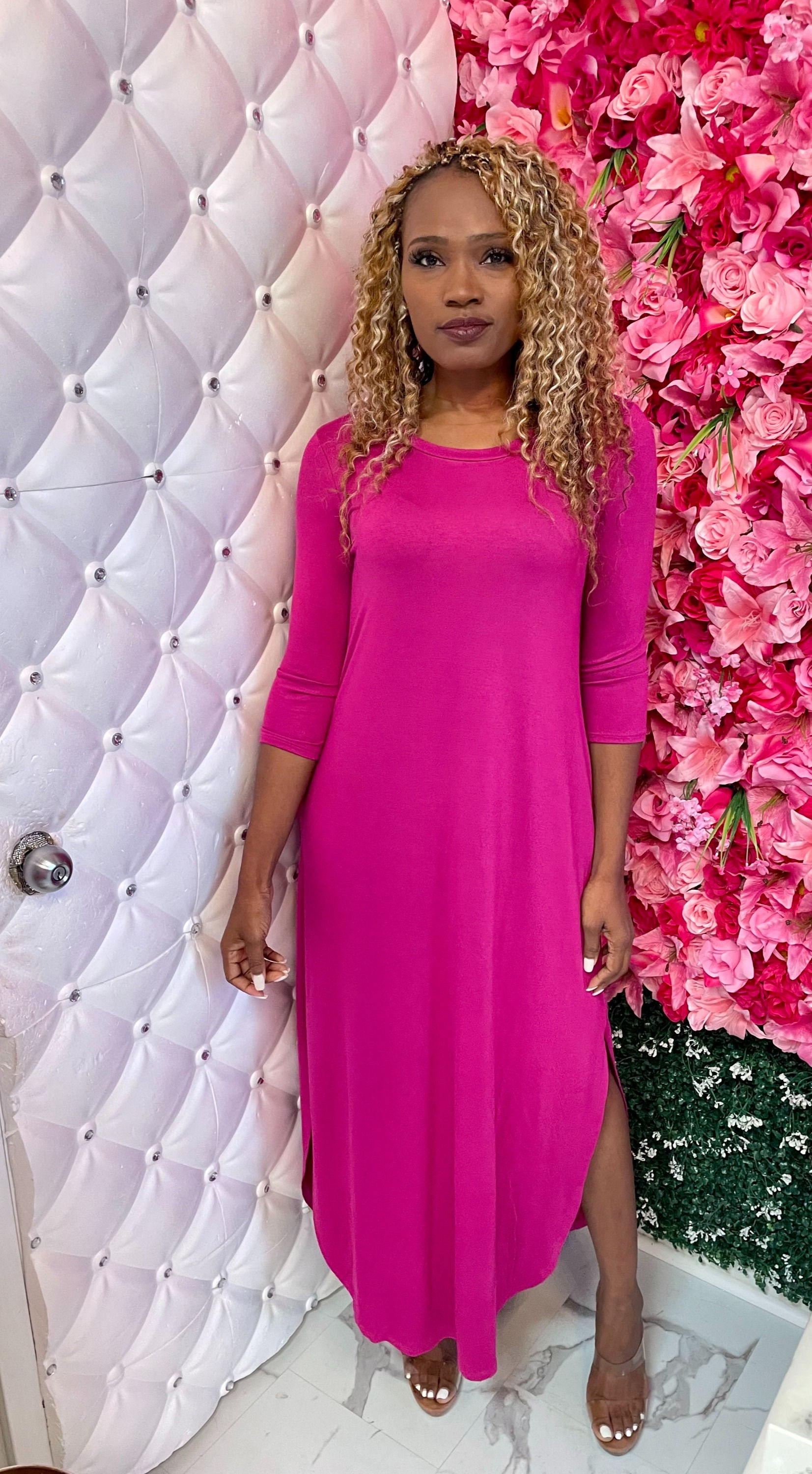 Long-Sleeve Fuchsia Maxi Dress