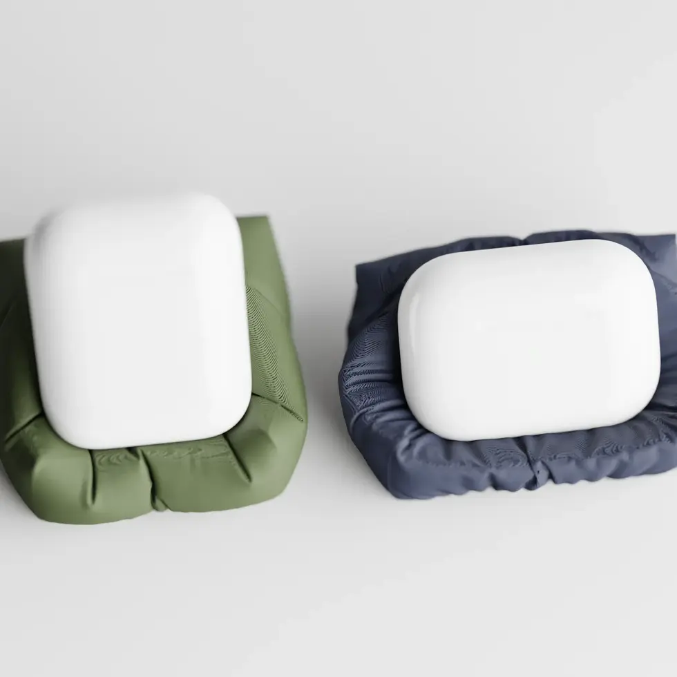 Green and blue AirPod stand with a unique design