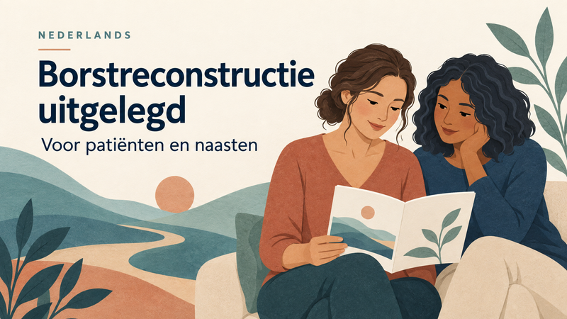 Borstreconstructie uitgelegd. Voor patiënten en naasten. Illustratie van twee vrouwen die samen een informatieboekje lezen.