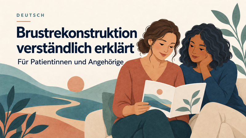 Brustrekonstruktion verständlich erklärt. Für Patientinnen und Angehörige. Illustration von zwei Frauen, die gemeinsam eine Informationsbroschüre lesen.