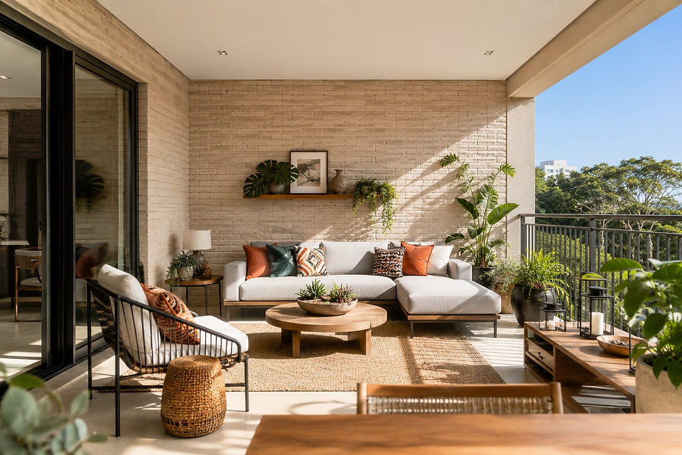 Varanda moderna com tijolinho de revestimento artesanal cor areia da Kéramus Design, parede com textura rústica e destonalização natural, mobiliário contemporâneo, plantas ornamentais e iluminação natural abundante.