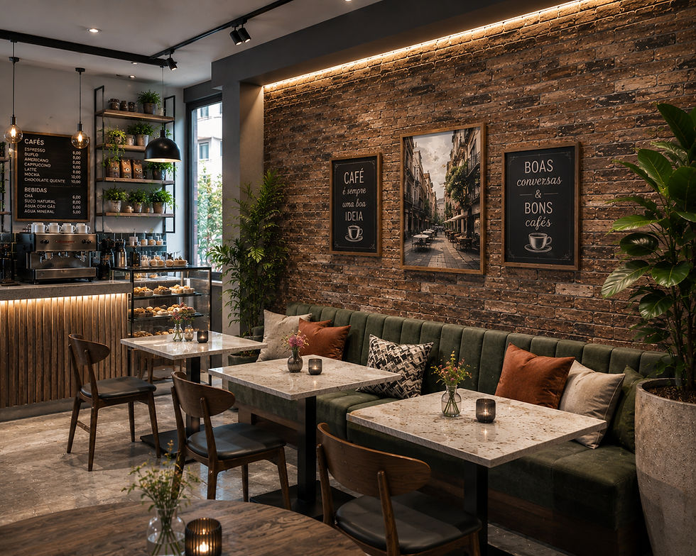 Cafeteria elegante e contemporânea com parede revestida em tijolinho artesanal Nogueira da Kéramus Design, iluminação em LED destacando a textura rústica, mobiliário sofisticado, madeira natural e decoração acolhedora.