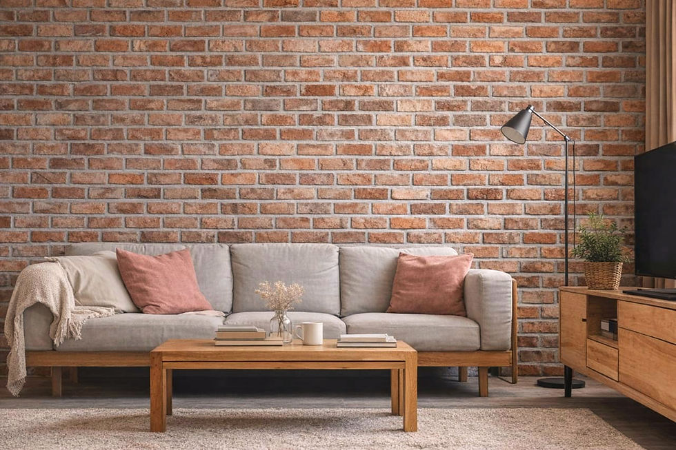Tijolinho de revestimento em parede de sala moderna com sofá e acabamento rústico artesanal