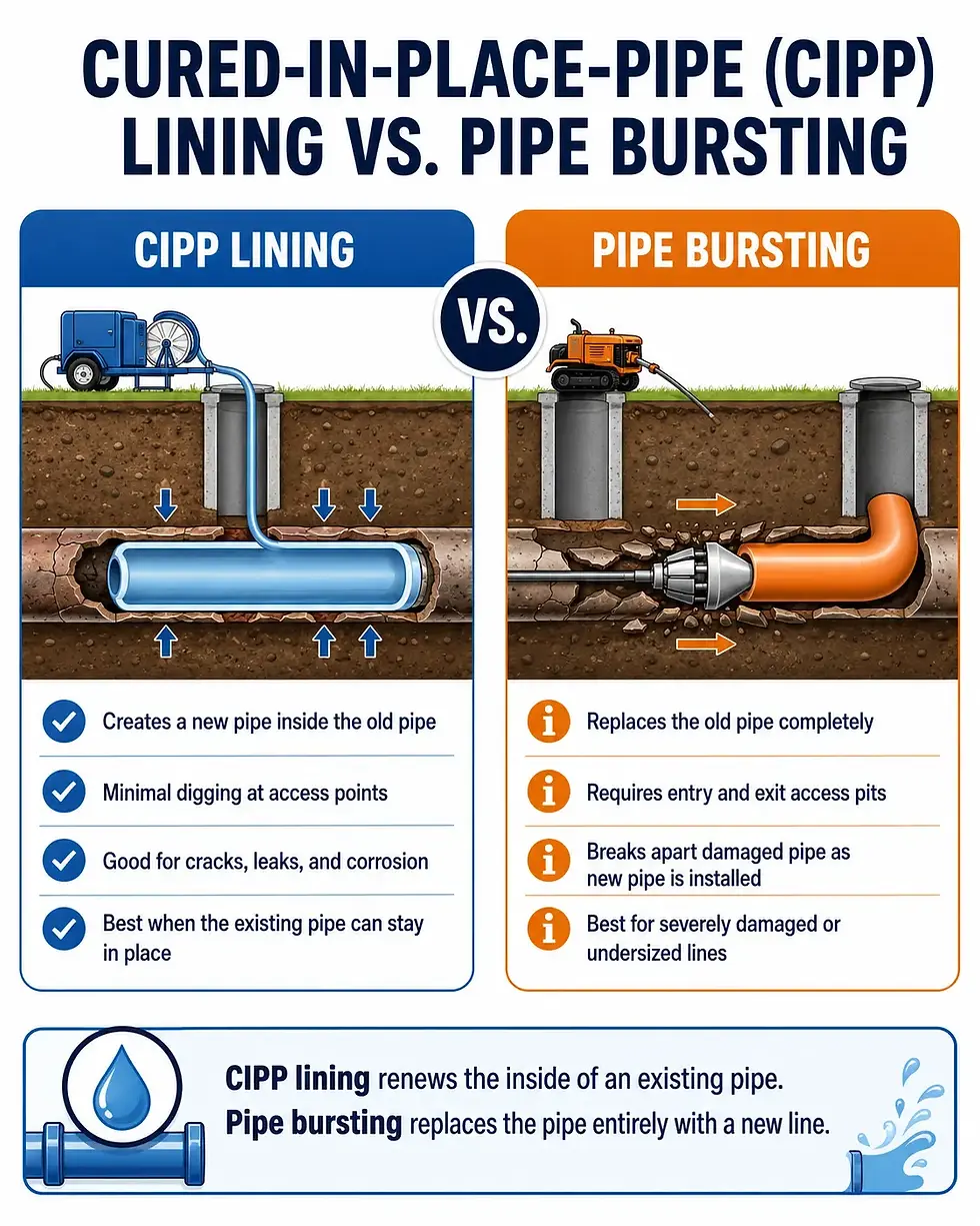 Infographic diagram comparing Cured-In-Place-Pipe CIPP lining versus pipe bursting for tre