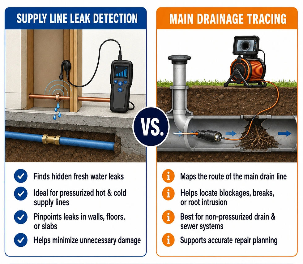 Infographic diagram comparing supply line leak detection versus main drainage tracing for