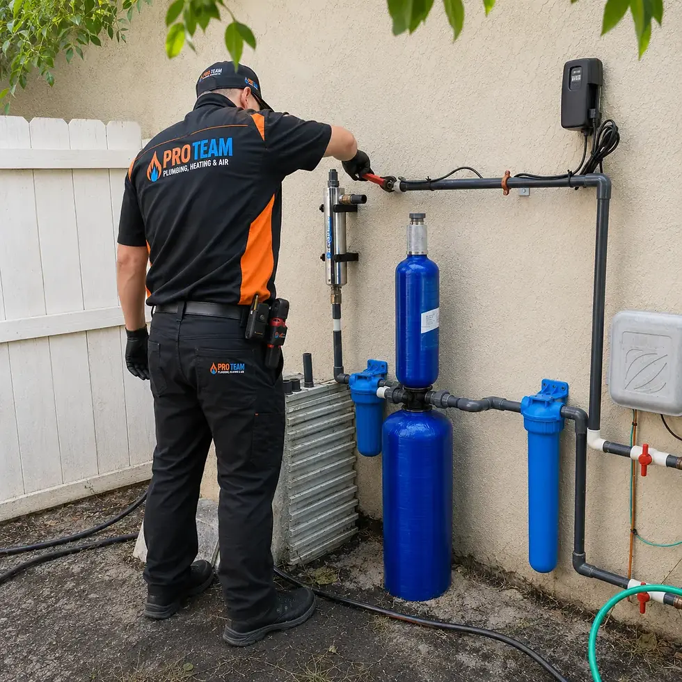 ProTeam plumbing technician installing a multi-tank whole-house water filtration system ag