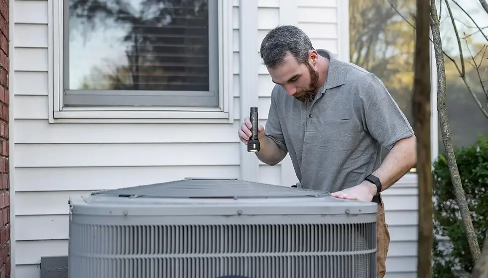 A Temecula homeowner inspecting an outdoor central air conditioning unit with performance 