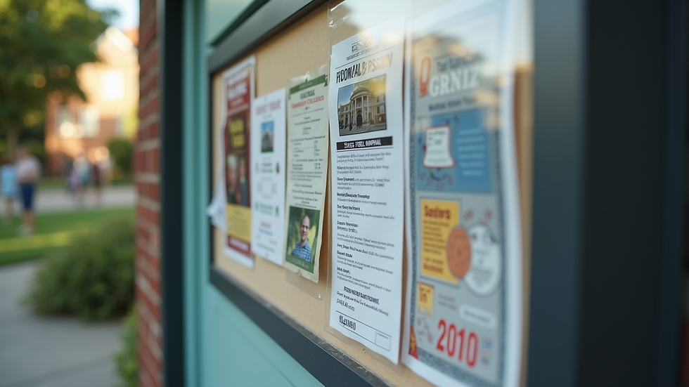 Close-up view of a community bulletin board with flyers and event notices