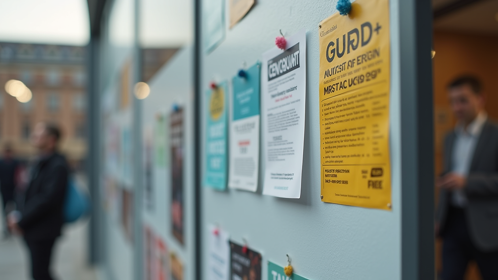 Close-up view of a bulletin board with community event flyers