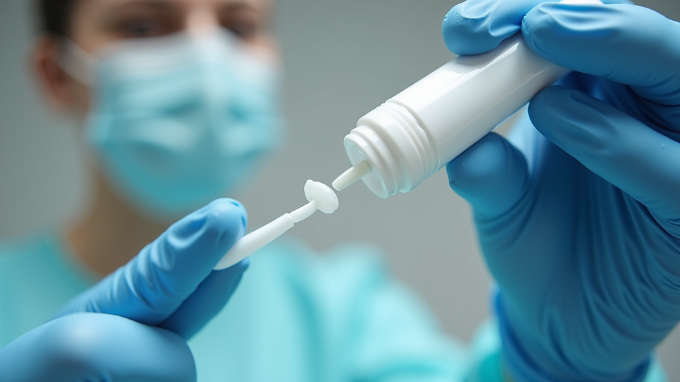 Eye-level view of a dental professional preparing whitening gel
