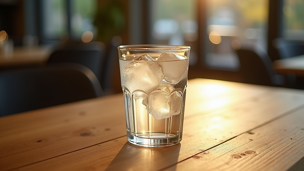 Close-up view of a refreshing glass of water with ice cubes on a wooden table