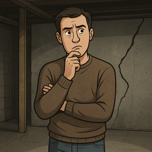 Man in a brown sweater, thinking with a hand on chin, stands in a dimly lit basement with a cracked wall, conveying concern or curiosity.