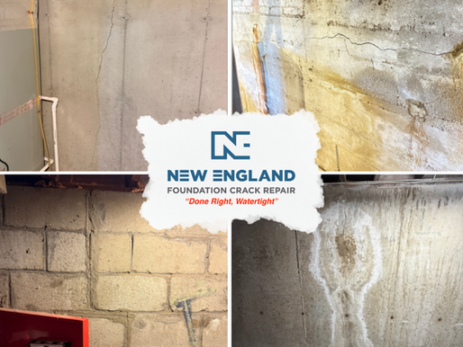 Collage of basement foundation cracks showing vertical, horizontal, and stair-step cracks with water staining and efflorescence on concrete and block walls, featuring New England Foundation Crack Repair branding.