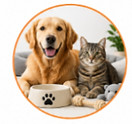Pet essentials including beds, toys, feeding accessories, and grooming products.