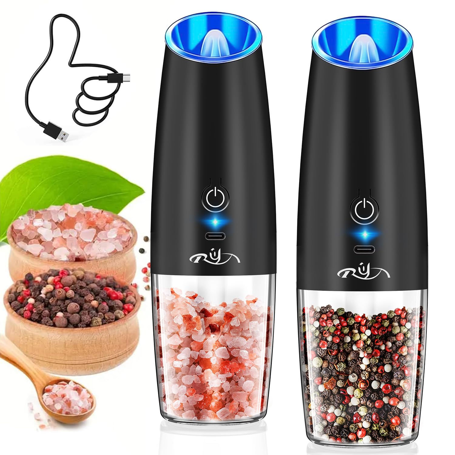 Rongyuxuan Upgraded Rechargeable Gravity Electric Salt and Pepper Grinder Set wi