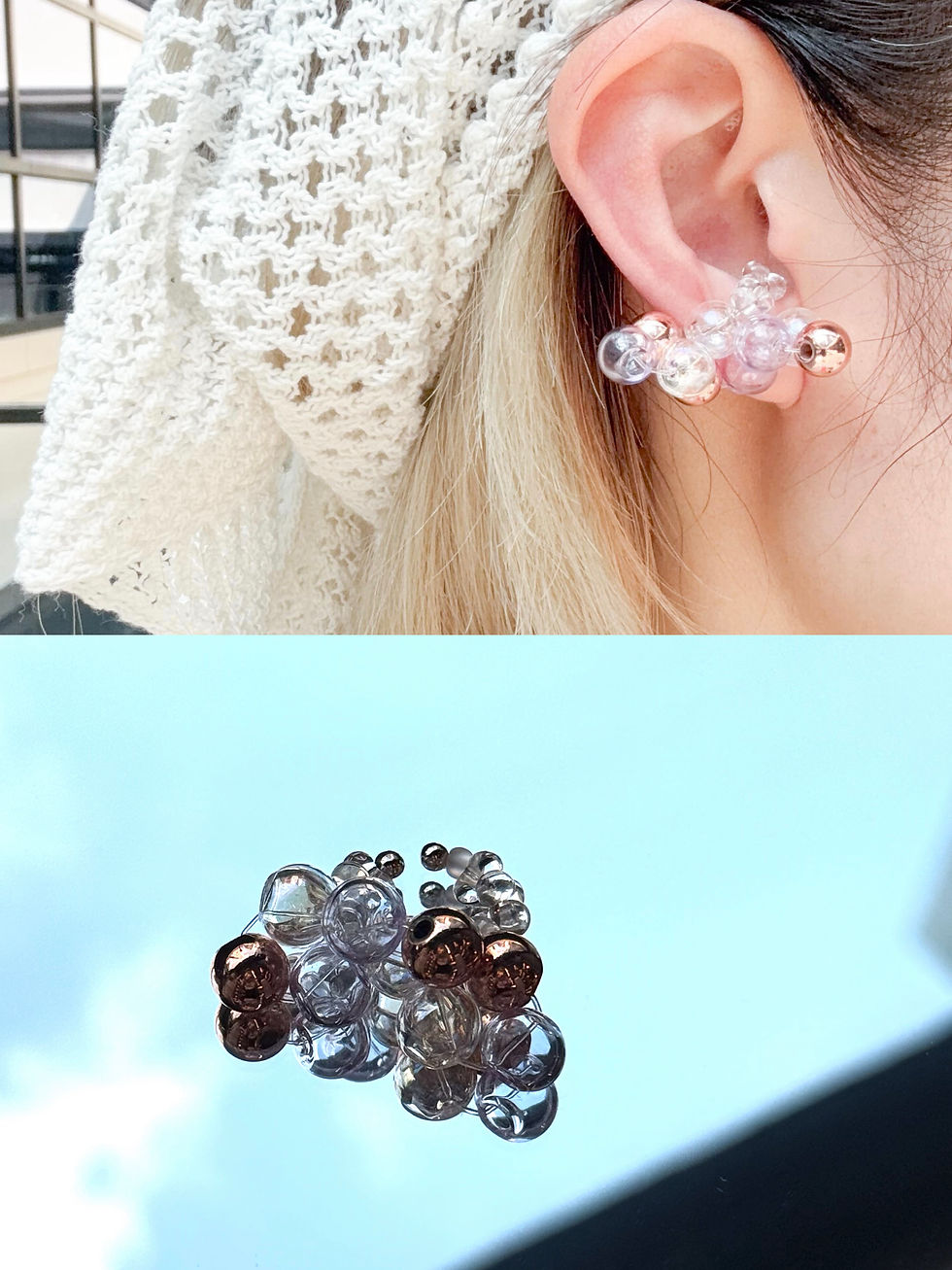 Thumbnail: BubbleBubbles Ear Cuff | Clear Holographic Purple Glass 18K Rose Gold Ball