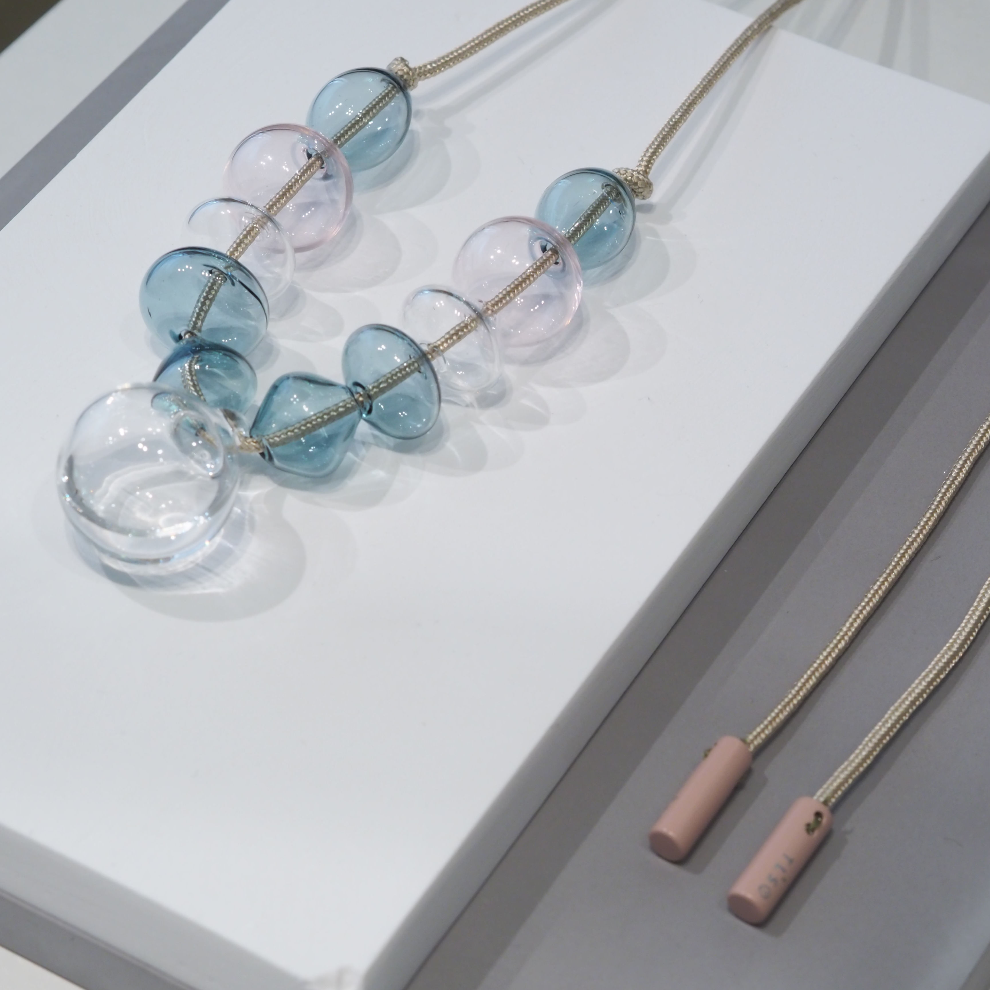 Ropy Bubbles Necklace | Minimal Dark Green Pink Glass Bright Beige Rope Strap