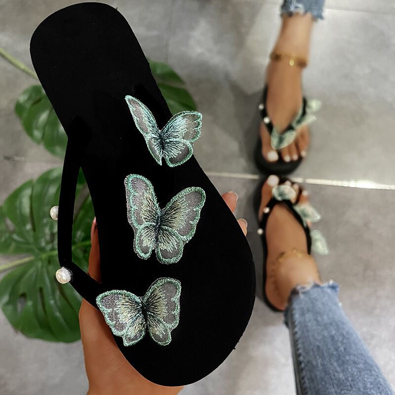Thumbnail: Womens Butterfly Pearl Flip Flop Sandals