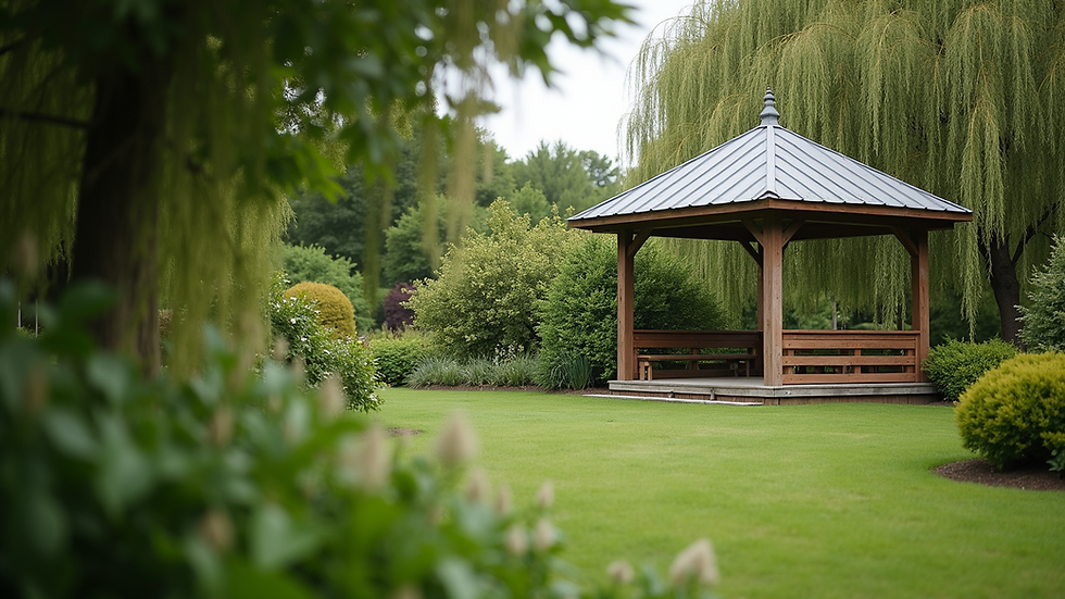 Close-up view of a gazebo cover in a lush garden