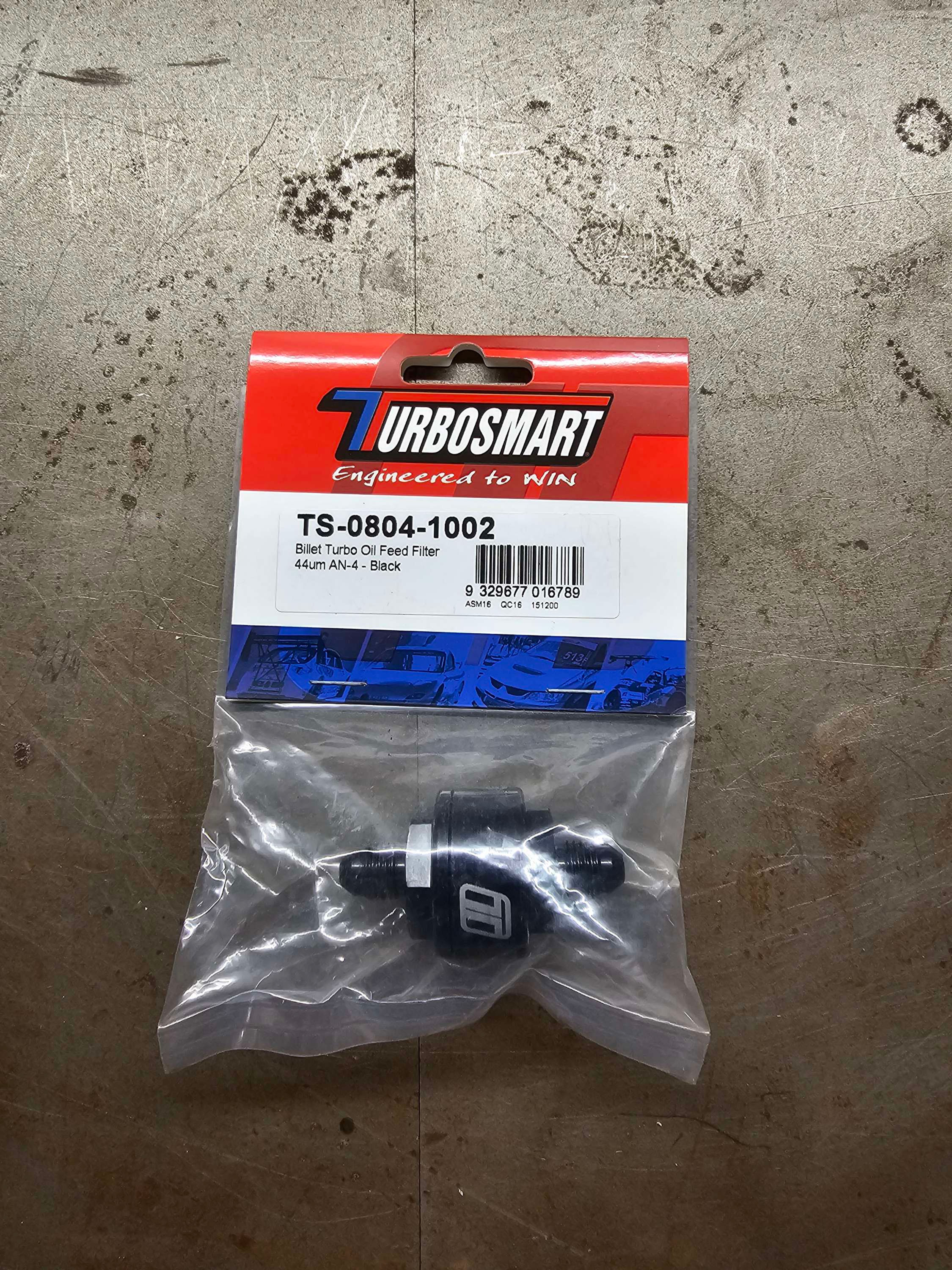 Turbosmart Billet Turbo Oil Feed Filter 44um AN-4 - Black