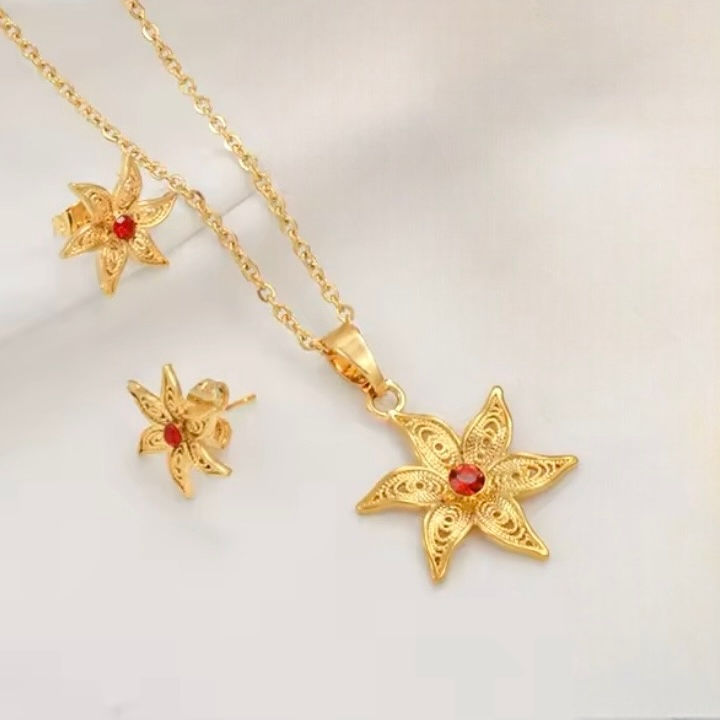 Miniature : Ensemble AMANI collier boucles d'oreille femme pierre rouge fleurs ylang