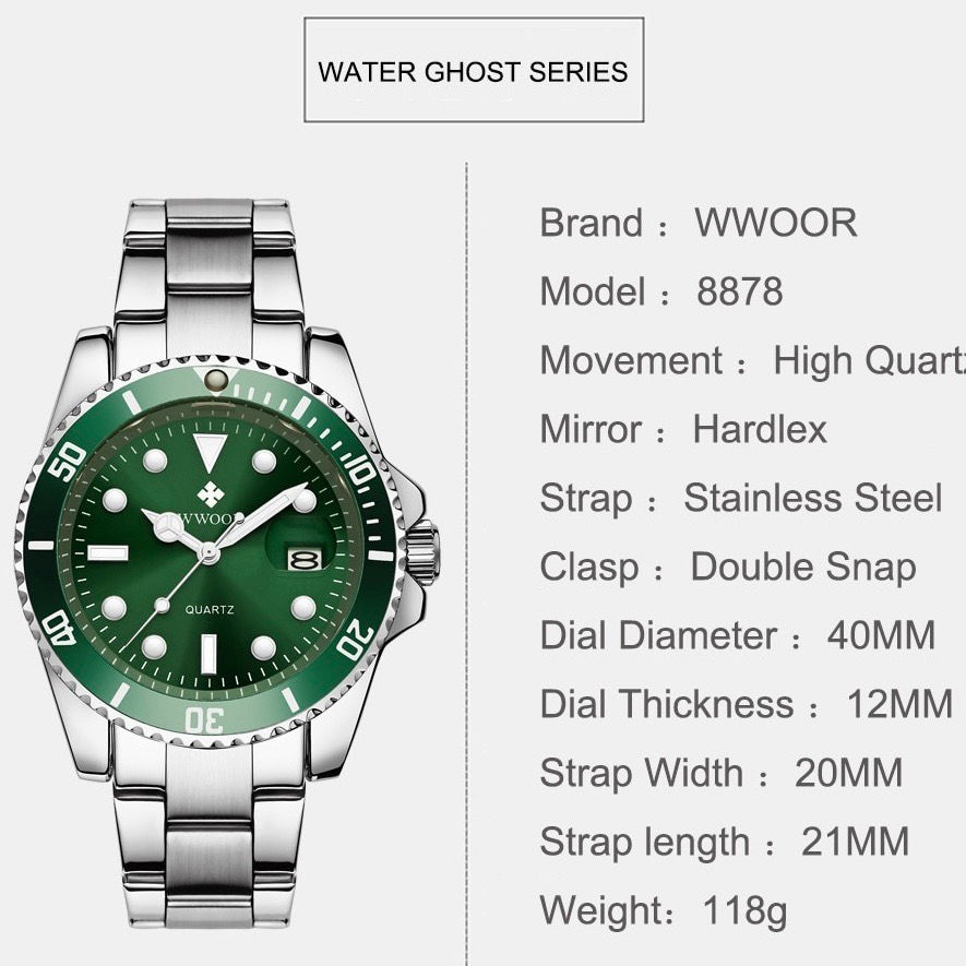 Miniature : Montres homme WWOOR diamant zircon cadran rond vert