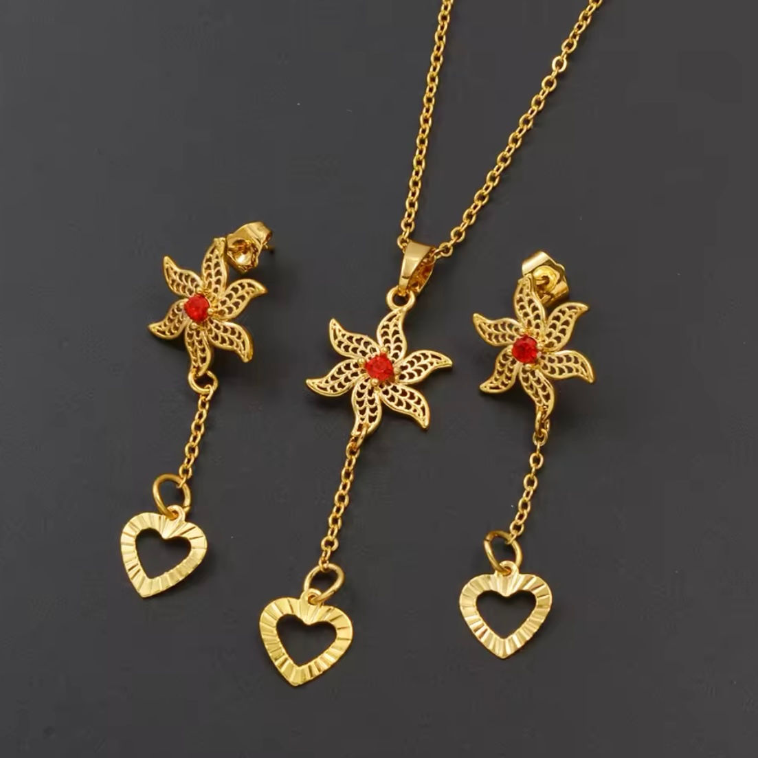 Ensemble SAFINA collier boucles d'oreille femme pierre rouge fleurs ylan