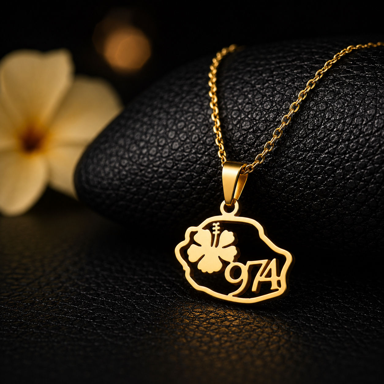 Collier Île de La Réunion 974 Hibiscus – Pendentif Tendance Acier Inoxydable
