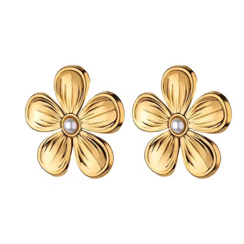 Miniature : Boucles d’oreilles fleurs dorées avec perle blanche