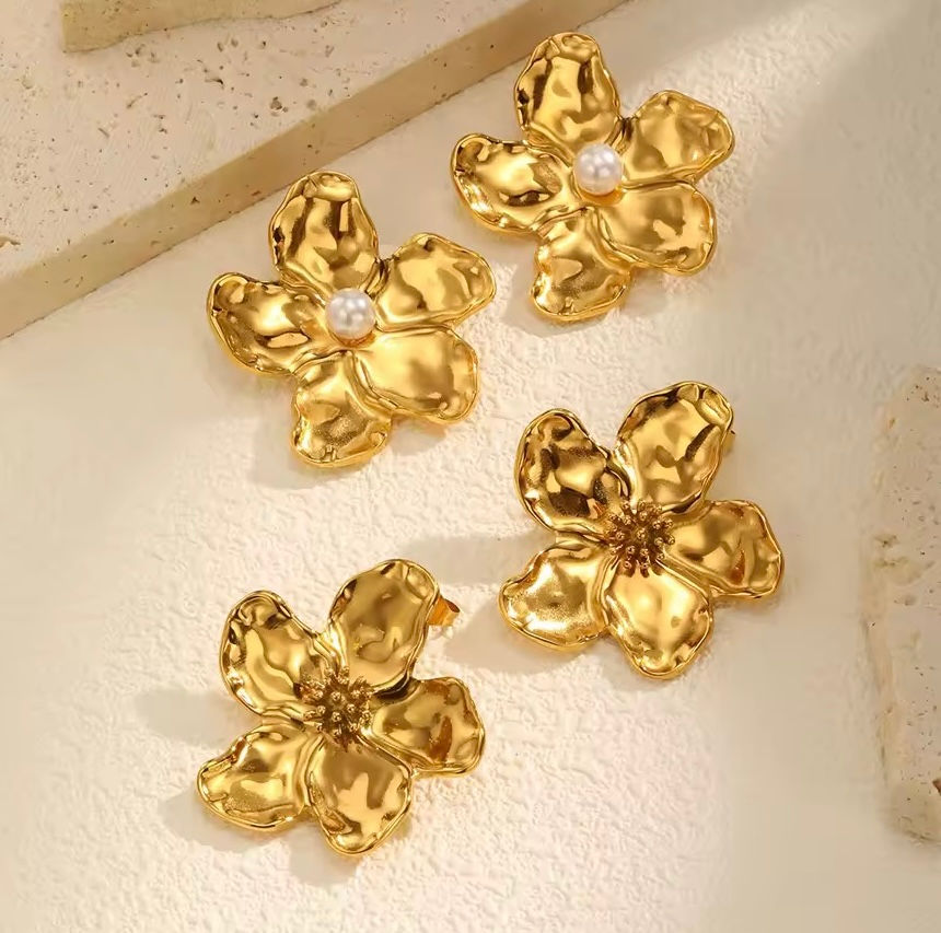 Miniature : Boucles d’oreilles fleurs géantes avec perle au centre 