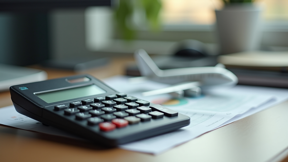 Close-up view of a calculator and airplane model on a desk