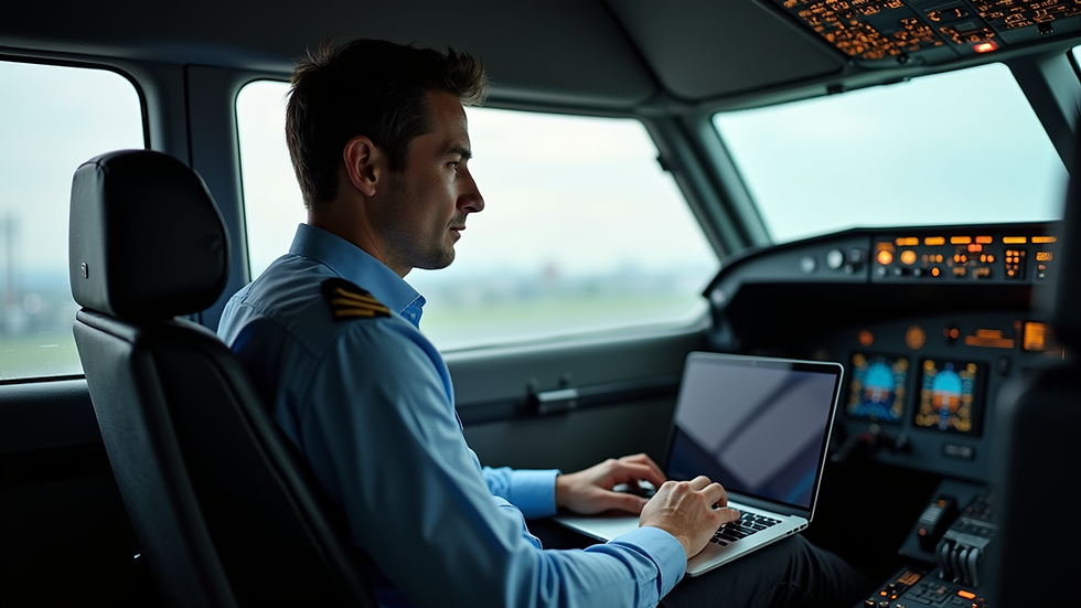 Eye-level view of a pilot using a laptop for language training